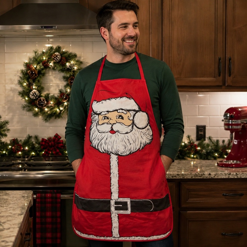 Vintage Santa Claus Apron Christmas Red Holiday Kitchen Hostess Decor Retro